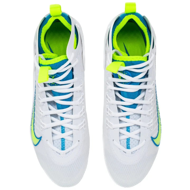 Nike Huarache 9 Elite Mid Lax SE White/Blue/Volt Lacrosse Cleats